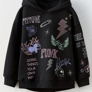 Zara Black Graphic Sweatshirt with Punk-Inspired Designs